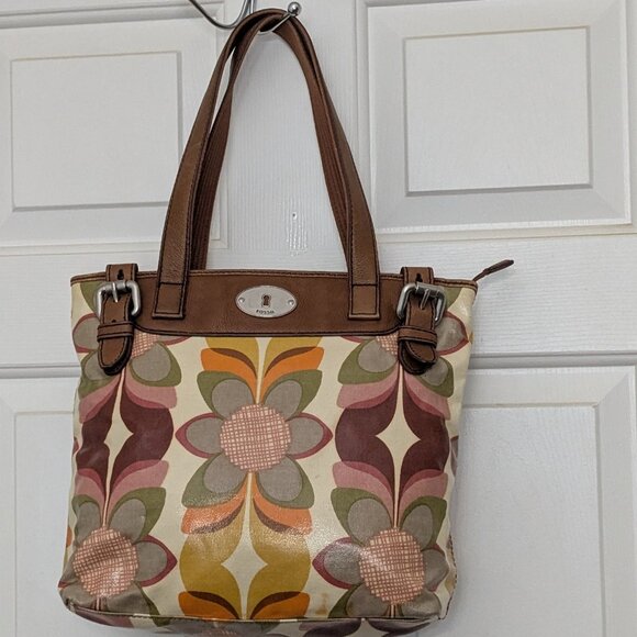 Vintage Fossil KeyPer Vibrant Floral Coated Canvas and Brown Leather Tote Should - Picture 1 of 16